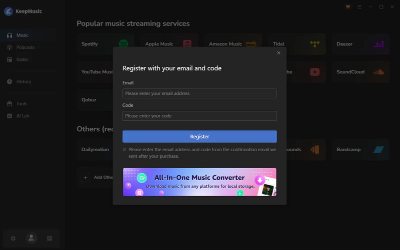 Register KeepMusic Music One Converter