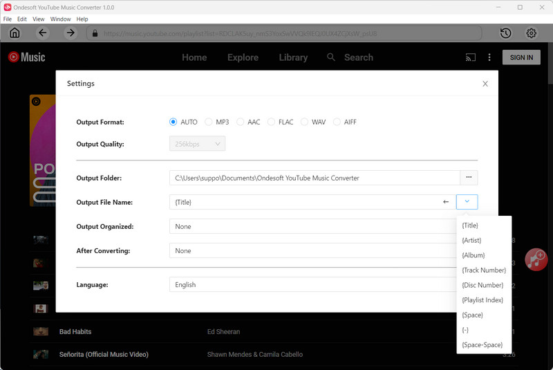 ondesoft youtube music converter settings