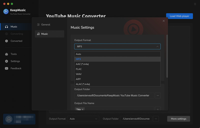 set up youtube music conversion parameters