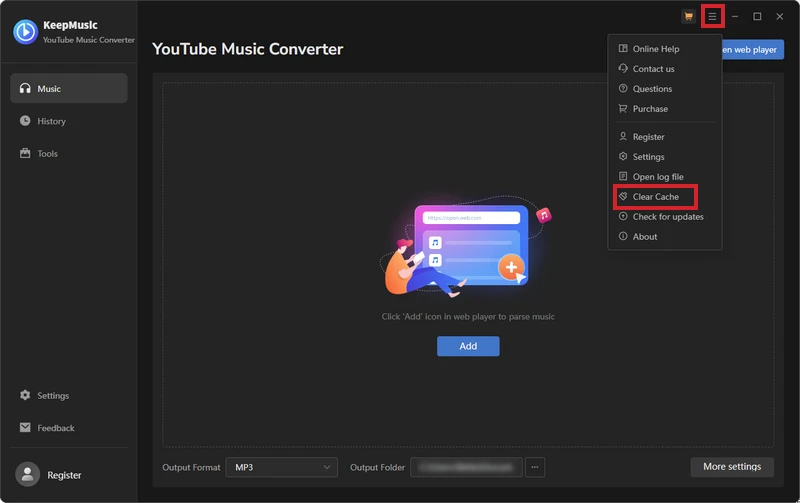 clear KeepMusic YouTube Music Converter win cache