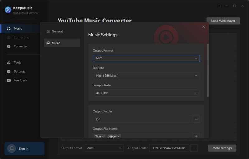 set up youtube music output format